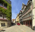 Quedlinburg Germany July 2022:. Popular touristic destination, the street of Old Town next to the Town Hall