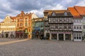 Quedlinburg, Germany - May 2019: Market square in center of Quedlinburg old town