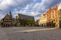 Quedlinburg, Germany - May 2019: Market square with Town Hall at sunset