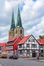 Quedlinburg, Germany - May 2019: Streets and architecture of Quedlinburg with gothic church towers Royalty Free Stock Photo