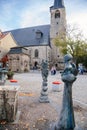 Quedlinburg, Germany, 28 October 2022: Monument near St. Benedict church, Personalities from history, fountain, dog Quedel