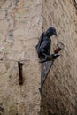 Quedlinburg, Saxony-Anhalt, Germany, 28 October 2022: Alley Hell, oldest stone house in city, figurine of black iron crow with Royalty Free Stock Photo