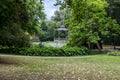 The Queen Astrid Park, Bruges, Belgium: green cultivation, trees and fountain