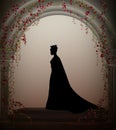 Queen in the castle window entwined with red roses liana, lonely princess in castle, vector,