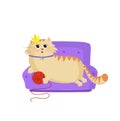 Queen cat lying on the sofa with red ball in paws and crown on head clip art