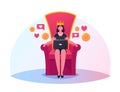 Queen Character with Laptop in Hands Sitting on Throne with Crown on Head. Hype, Viral Info in Social Network, Trends
