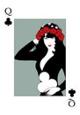 Queen of Clubs with flower wreath, holding a clover. Poker card