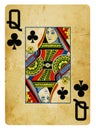 Queen of Clubs Vintage playing card - isolated on white Royalty Free Stock Photo