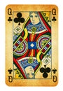 Queen of Clubs Vintage playing card - isolated on white Royalty Free Stock Photo