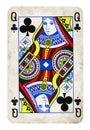 Queen of Clubs Vintage playing card - isolated on white Royalty Free Stock Photo