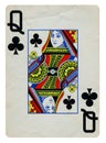 Queen of Clubs Vintage playing card - isolated on white Royalty Free Stock Photo