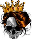 Queen of death. Portrait of a skull with a crown and long hair. Royalty Free Stock Photo