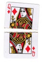 A queen of diamonds playing card torn in half. Royalty Free Stock Photo