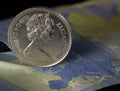 Queen Elizabeth Coin Overlooking Europe on 20 Euro Bank Note Macro