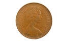 Queen Elizabeth II 2 new pence 1971 bronze coin features a portrait of the queen isolated on white background