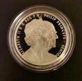 Queen Elizabeth II Prince Philip Five Pounds Silver Proof Coin Figures Cravings Wedding Anniversary Memorial Coins Precious Metals Royalty Free Stock Photo