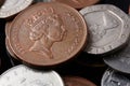 Queen Elizabeth II on two pence bronze 2 coin. Pile of British coins closeup. Money, Financial, Business Growth concept. Finance