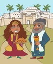 Queen esther and mordecai on ancient city background purim cartoon Royalty Free Stock Photo