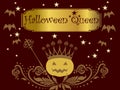 Queen Halloween - a pumpkin with a staff, bats all in gold on a burgundy background. Vector.