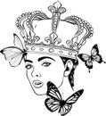 queen head with butterfly monochrome vector illustration isolated on white background.