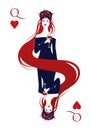 Queen of Hearts with crown, roses and thorns, holding a glass of red wine.