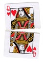 A queen of hearts playing card torn in half. Royalty Free Stock Photo