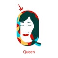 Queen of hearts vector illustration. multicolored q stylized as a card of queen hearts and a girl s face at the top and