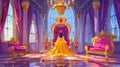 The queen in her palace, medieval throne room interior, cartoon character of the royal family, monarchy person in gold