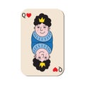Queen, lady of hearts, playing card, hand drawn in doodle style. Woman with crown, stylization for gambling. Flat, cartoon.