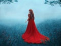 The Queen in a luxurious, expensive, red dress, walks in a thick fog with a long train. A young-haired girl in a golden