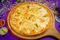 queen margherita pizza with tomato sauce and mayo isolated on wooden board top view of italian food on wooden background Royalty Free Stock Photo