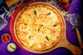 queen margherita pizza with tomato sauce and mayo isolated on wooden board top view of italian food on wooden background Royalty Free Stock Photo