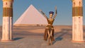 Queen Nefertiti dancing in front of the great pyramid of Giza and a view of the desert in the ancient temple. Historical animation Royalty Free Stock Photo