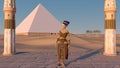 Queen Nefertiti in front of the great pyramid of Giza and a view of the desert in the ancient temple. Historical animation. The Royalty Free Stock Photo