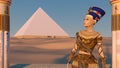 Queen Nefertiti in front of the great pyramid of Giza and a view of the desert in the ancient temple. Historical animation. The Royalty Free Stock Photo