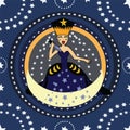 Queen of the night from Amadeus Mozart Magic Flute opera. Lady in sword in hand, seamless pattern made with circles of