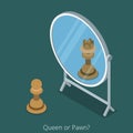 Queen or Pawn concept. Pawn chess figure look into