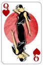 Queen. Playing card with a heart sign. Game queen symbol. Isolated card with a fashionable girl