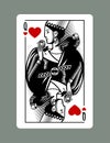 Queen playing card of Hearts suit in vintage engraving drawing stile