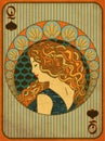 Queen poker spades card in art nouveau style