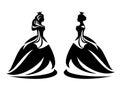 Queen and princess in long evening gown black and white vector outline