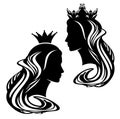 Queen or princess with long hair and crown black and white vector portrait Royalty Free Stock Photo