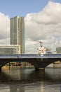 The Queen`s Bridge over the River Lagan at the Donegall Quay in the harbour in Belfast Northern Ireland