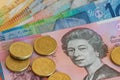 The Queen`s head with Australian notes and coins.