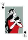 Queen of Spades wearing a crown surrounded by leaves, hugging a spade. Poker card