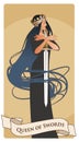 Queen of Swords with spades crown, holding a sword surrounded by her long hair.