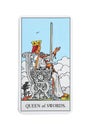 The Queen of Swords tarot card on white background, top view