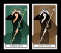 Queen of Wands with flowers crown, holding a rod surrounded by a garland of leaves and flowers. Minor arcana Tarot cards. Spanish Royalty Free Stock Photo