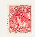 Queen Wilhelmina on 1899  Red 5 Cent Netherlands Postage Royalty Free Stock Photo