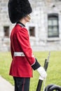 Queens Guard standing at attention at Citadel in Quebec City, Canada in portrait view